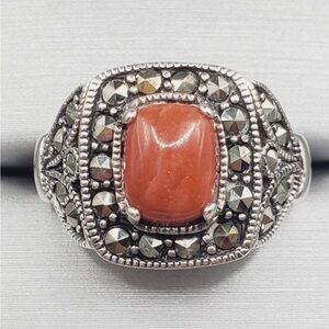 Genuine Coral & Marcasite 925 Sterling Silver Halo Statement Ring
